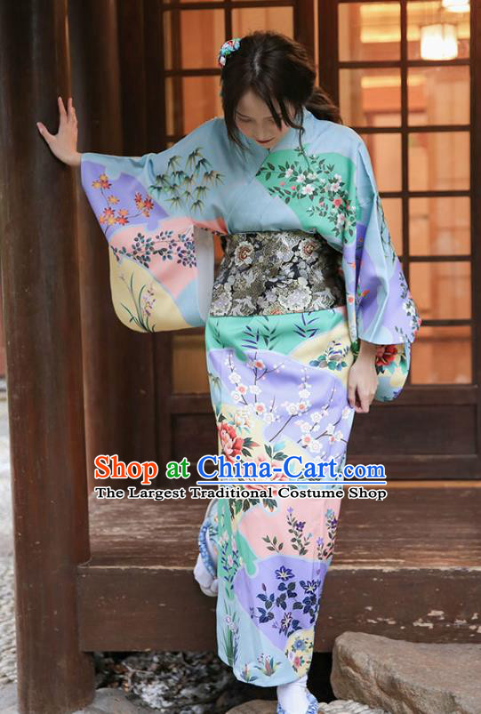 Asian Japan Young Lady Printing Peony Kimono Dress Japanese Traditional Light Blue Yukata Costume