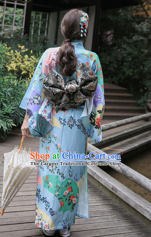 Asian Japan Young Lady Printing Peony Kimono Dress Japanese Traditional Light Blue Yukata Costume