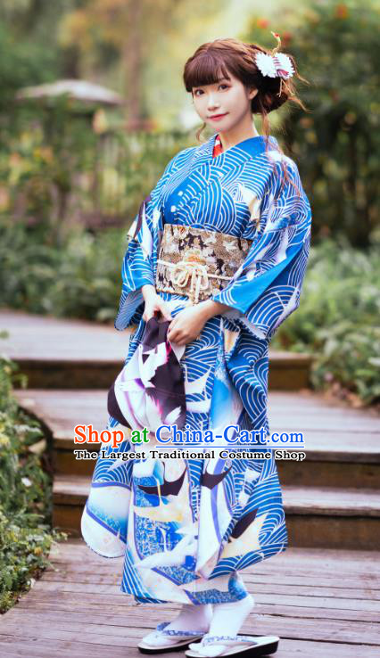 Japanese Traditional Blue Yukata Dress Costume Asian Japan Printing Wave Crane Furisode Kimono
