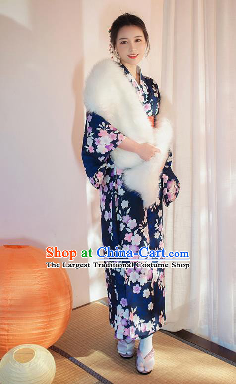 Japanese Traditional Printing Sakura Navy Yukata Dress Asian Japan Young Lady Kimono Fashion