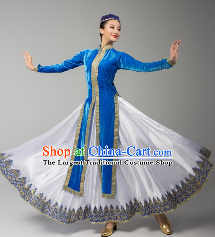 China Xinjiang Korla Ethnic Folk Dance Blue Dress Outfits Traditional Uygur Nationality Female Dance Clothing