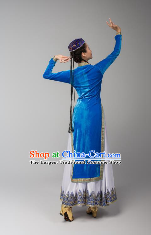 China Xinjiang Korla Ethnic Folk Dance Blue Dress Outfits Traditional Uygur Nationality Female Dance Clothing