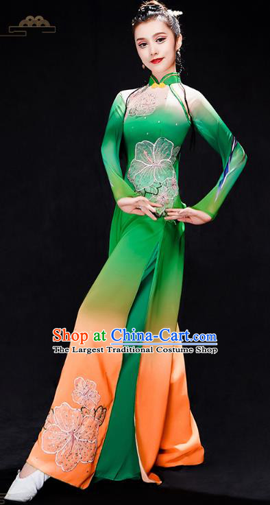 Chinese Umbrella Dance Clothing Traditional Classical Dance Performance Costumes Fan Dance Green Outfits