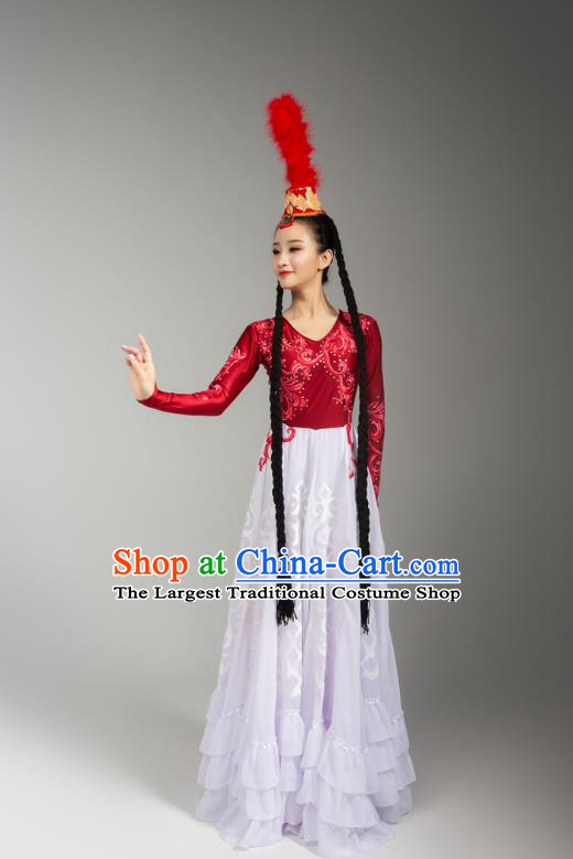 China Xinjiang Ethnic Folk Dance White Dress Outfits Traditional Uygur Nationality Performance Clothing and Headwear