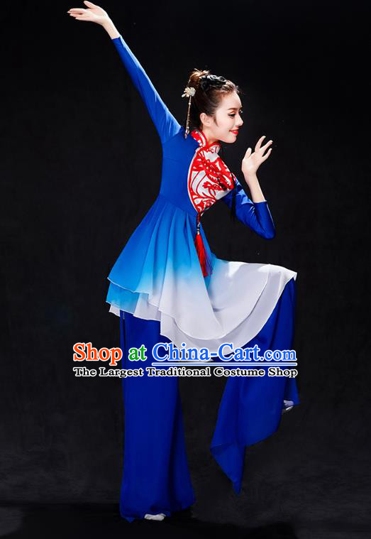 China Folk Dance Drum Dance Costume Yangko Dance Royalblue Uniforms Fan Dance Stage Performance Clothing
