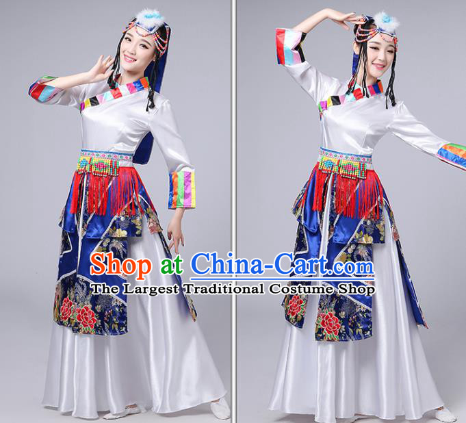Chinese Zang Nationality Performance Outfits Traditional Minority Folk Dance Costume Tibetan Ethnic White Dress
