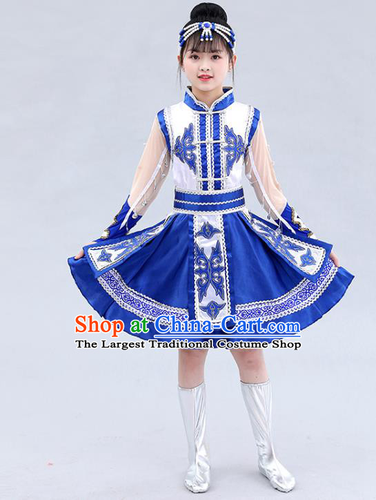 Chinese Traditional Mongol Nationality Children Royalblue Short Dress Mongolian Ethnic Stage Performance Costume