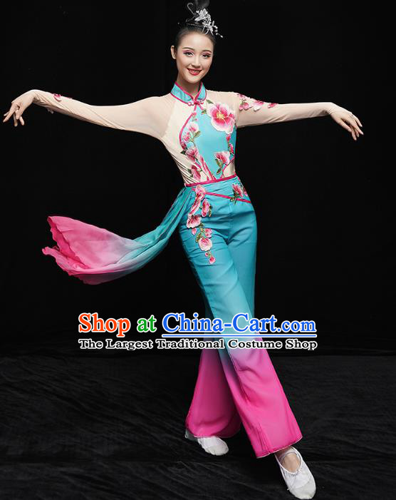 China Folk Dance Fan Dance Costume Yangko Dance Blue Uniforms Group Dance Performance Clothing