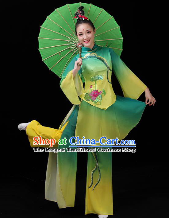 China Group Dance Lotus Dance Clothing Folk Dance Fan Dance Costume Yangko Dance Green Uniforms