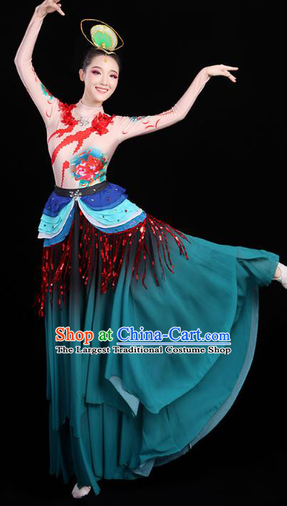 Chinese Traditional Lotus Dance Performance Clothing Classical Dance Costumes Umbrella Dance Deep Green Dress