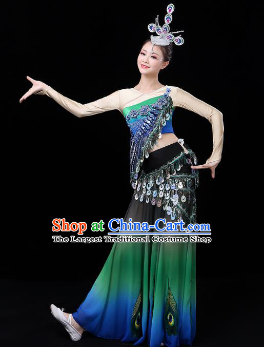 Chinese Yunnan Ethnic Folk Dance Costume Traditional Dai Minority Nationality Peacock Dance Sequins Tassel Dress Outfits