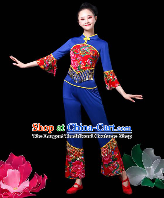 China Jiaozhou Yangko Dance Royalblue Uniforms Fan Dance Clothing Folk Dance Costume