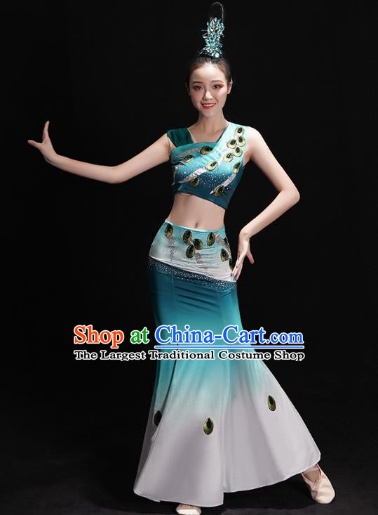 Chinese Yunnan Ethnic Minority Folk Dance Costume Traditional Dai Nationality Peacock Dance Green Dress Outfits