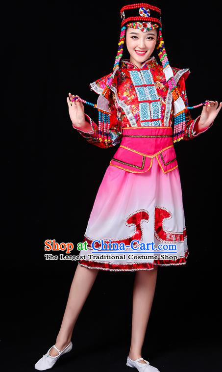 Chinese Mongolian Ethnic Performance Costume Traditional Mongol Minority Nationality Folk Dance Pink Short Dress Outfits