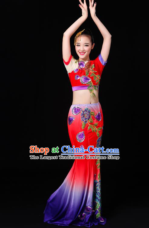 Chinese Yunnan Ethnic Performance Costume Traditional Dai Minority Nationality Peacock Dance Red Dress Outfits