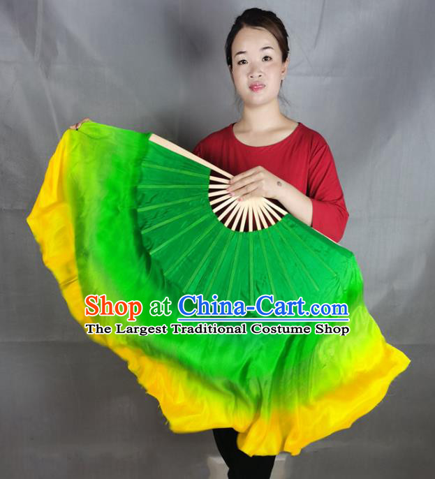 China Stage Performance Long Ribbon Fan Classical Dance Green Silk Fan Yangko Dance Folding Fan