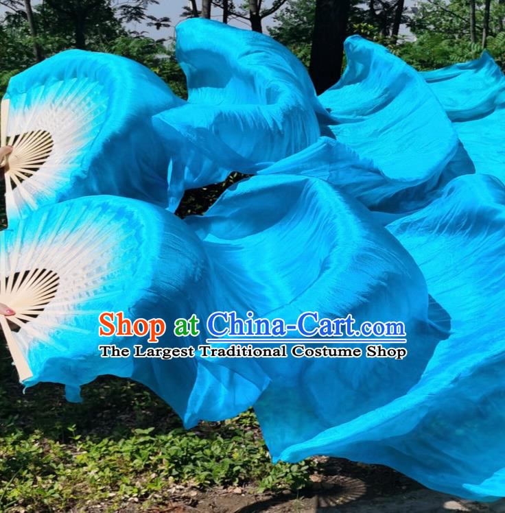 China Classical Dance Bamboo Fan New Year Yangko Dance Performance Folding Fan Blue Silk Long Ribbon Fan