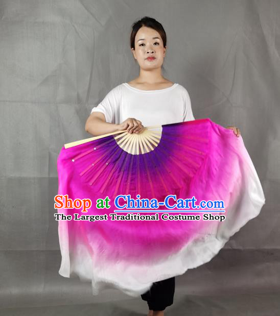 China Handmade Double Side Folding Fan Yangko Dance Performance Fan Rosy Silk Long Ribbon Fan