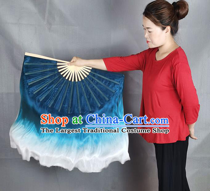 China Yangko Dance Performance Fan Blue Silk Long Ribbon Fan Handmade Double Side Folding Fan
