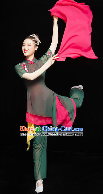 China Folk Dance Clothing Woman Yangge Dance Costume Yangko Dance Performance Dark Green Uniforms