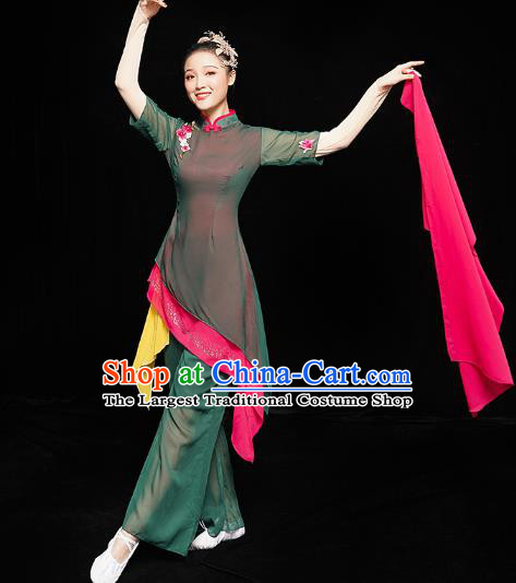 China Folk Dance Clothing Woman Yangge Dance Costume Yangko Dance Performance Dark Green Uniforms