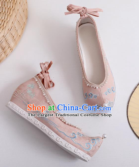 China Ancient Princess Hanfu Shoes Traditional Ming Dynasty Bow Shoes Embroidered Pink Cloth Shoes