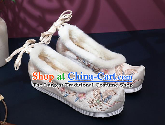 Chinese Classical Hanfu White Satin Shoes National Winter Wedge Heel Shoes Traditional Embroidered Peach Blossom Shoes