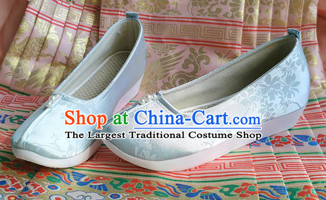 China Traditional Blue Satin Shoes Ming Dynasty Princess Shoes Ancient Hanfu Shoes