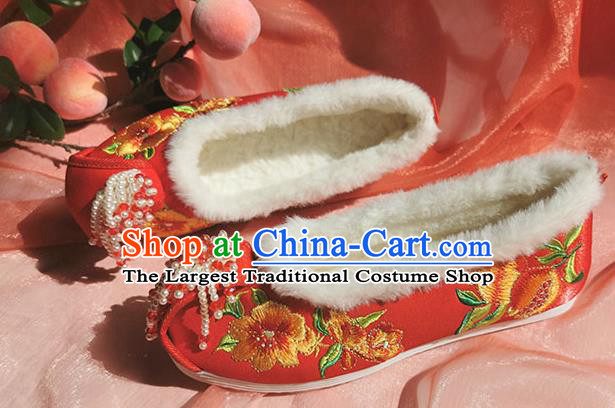 China Traditional Wedding Bride Shoes Handmade Ming Dynasty Hanfu Shoes Ancient Princess Red Embroidered Shoes