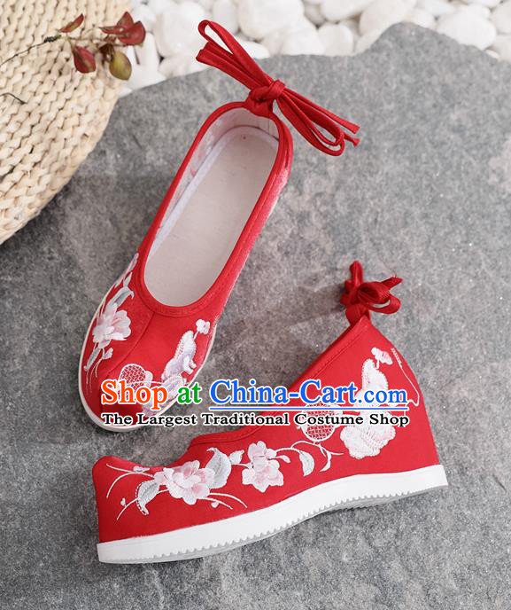 Chinese Embroidered Flowers Shoes National Woman Shoes Traditional Red Satin Wedge Heel Shoes