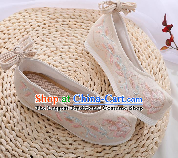 China Ancient Dance Hanfu Shoes Traditional Ming Dynasty Princess Shoes Khaki Cloth Embroidered Shoes