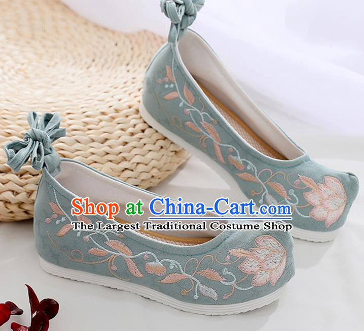 China Green Cloth Embroidered Shoes Ancient Dance Hanfu Shoes Traditional Ming Dynasty Princess Shoes