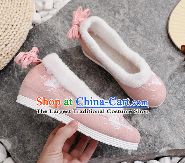 Chinese Traditional Hanfu Young Lady Shoes Pink Embroidered Shoes National Winter Cloth Shoes