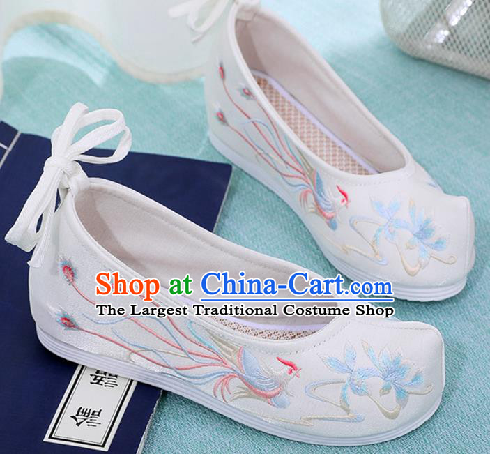 China Ancient Princess Hanfu Shoes Classical Dance Bow Shoes Embroidered Phoenix White Cloth Shoes