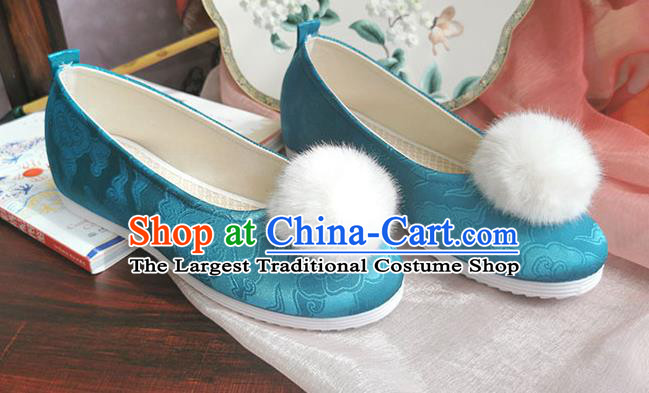 China Traditional Hanfu Shoes Handmade Ming Dynasty Blue Satin Shoes Ancient Princess Shoes