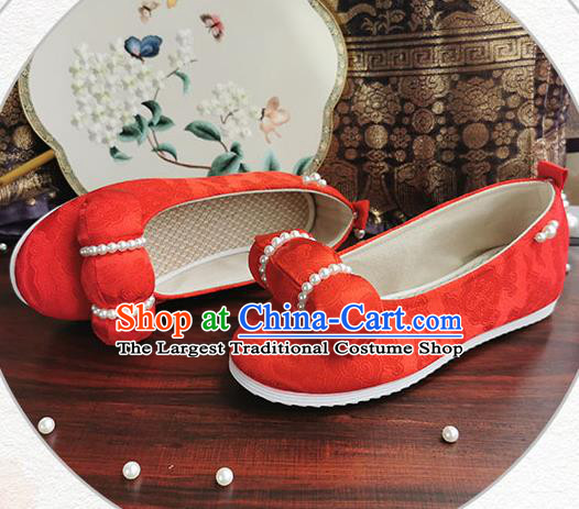 China Traditional Hanfu Pearls Shoes Handmade Ancient Jin Dynasty Princess Shoes Wedding Red Satin Shoes