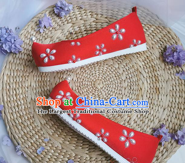 China Handmade Wedding Red Cloth Shoes Traditional Song Dynasty Pearls Shoes Ancient Princess Shoes