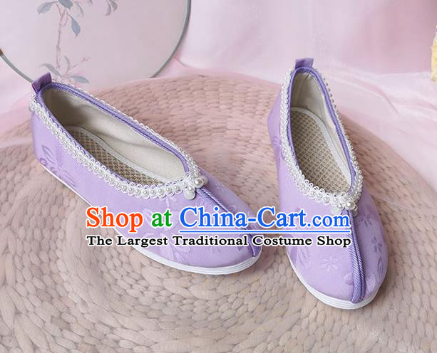 China Ancient Palace Lady Shoes Classical Violet Cloth Shoes Traditional Song Dynasty Hanfu Shoes