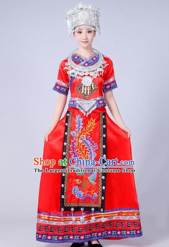 China Yao Nationality Clothing Miao Minority Folk Dance Outfits Ethnic Stage Performance Red Dress and Headwear