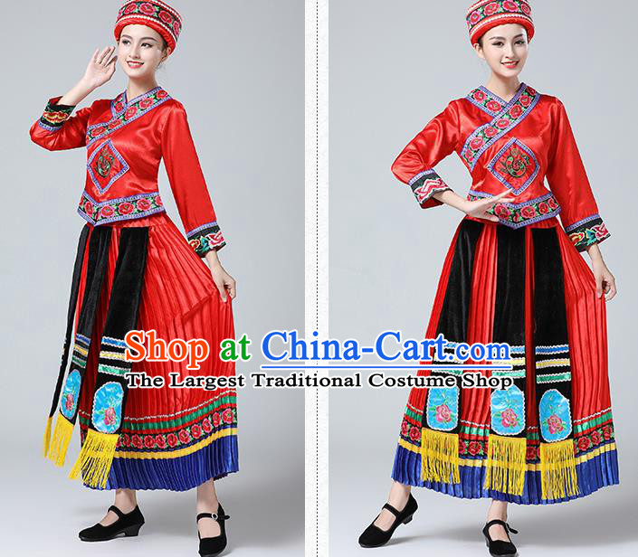 China Yi Minority Folk Dance Outfits Ethnic Stage Performance Red Dress Tujia Nationality Clothing and Hat