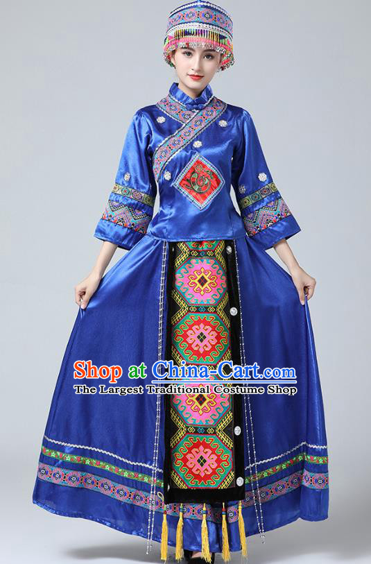 China Zhuang Nationality Clothing Guangxi Minority Folk Dance Outfits Ethnic Stage Performance Royalblue Dress and Headwear