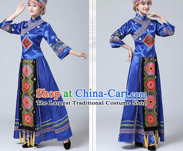 China Zhuang Nationality Clothing Guangxi Minority Folk Dance Outfits Ethnic Stage Performance Royalblue Dress and Headwear