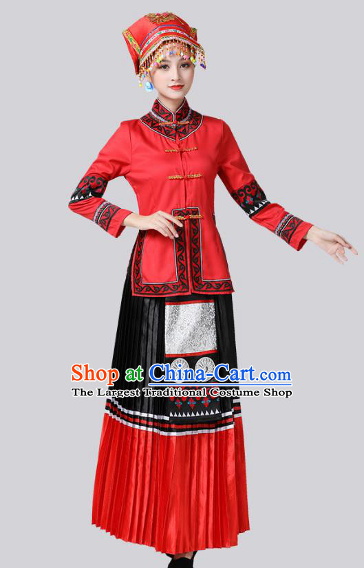 China Yi Nationality Clothing Yunnan Minority Folk Dance Outfits Ethnic Stage Performance Red Dress and Headdress