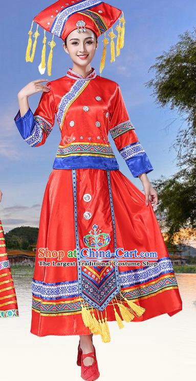 China Ethnic Performance Red Dress Zhuang Nationality Clothing Yunnan Minority Folk Dance Outfits and Hat