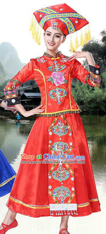 China Yunnan Minority Folk Dance Outfits Ethnic Performance Red Dress Zhuang Nationality Clothing and Hat