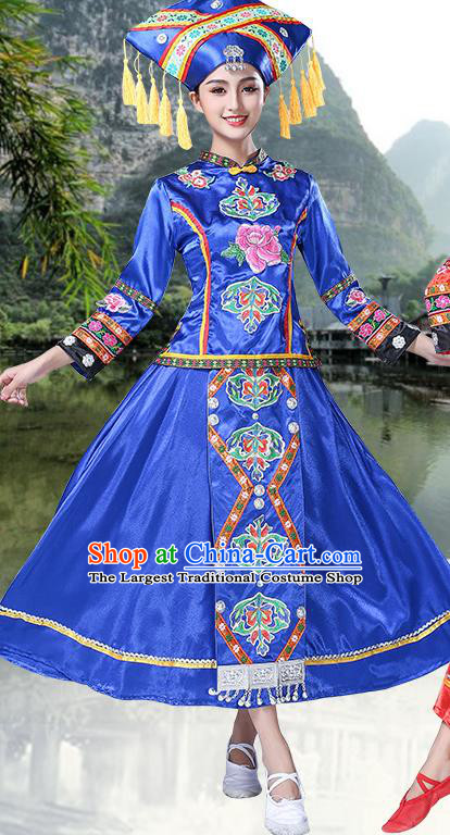 China Yunnan Tujia Minority Folk Dance Outfits Ethnic Performance Royalblue Dress Yi Nationality Clothing and Headdress