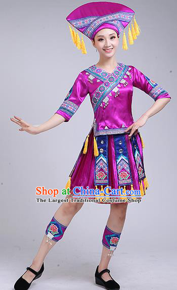 China Ethnic Folk Dance Outfits Guangxi Minority Performance Purple Short Dress Zhuang Nationality Woman Clothing