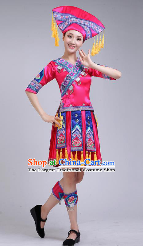 China Guangxi Minority Performance Rosy Short Dress Zhuang Nationality Woman Clothing Ethnic Folk Dance Outfits