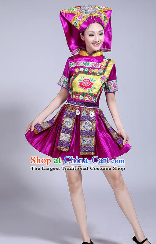 China Zhuang Ethnic Performance Outfits Tujia Minority Purple Dress Guangxi Nationality Folk Dance Clothing