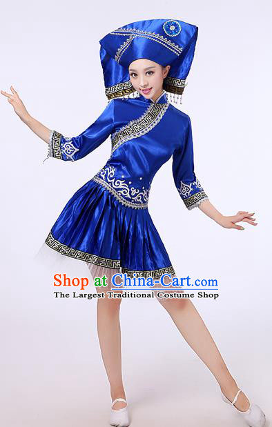 China Guangxi Nationality Folk Dance Clothing Zhuang Ethnic Performance Outfits Tujia Minority Royalblue Short Dress